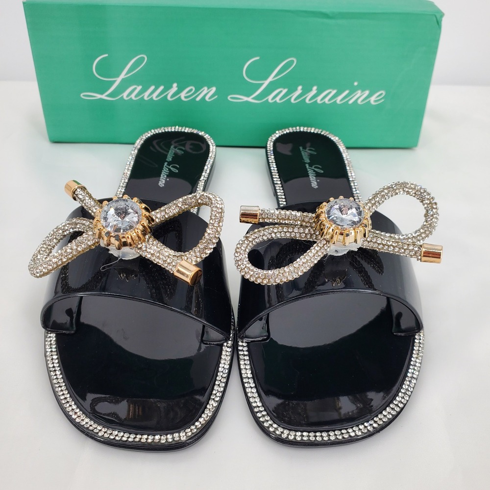 Lauren Lorraine Breeze Black Jelly Slide Sandals Rhinestone Bow Womens 7.5 New - Picture 6 of 8